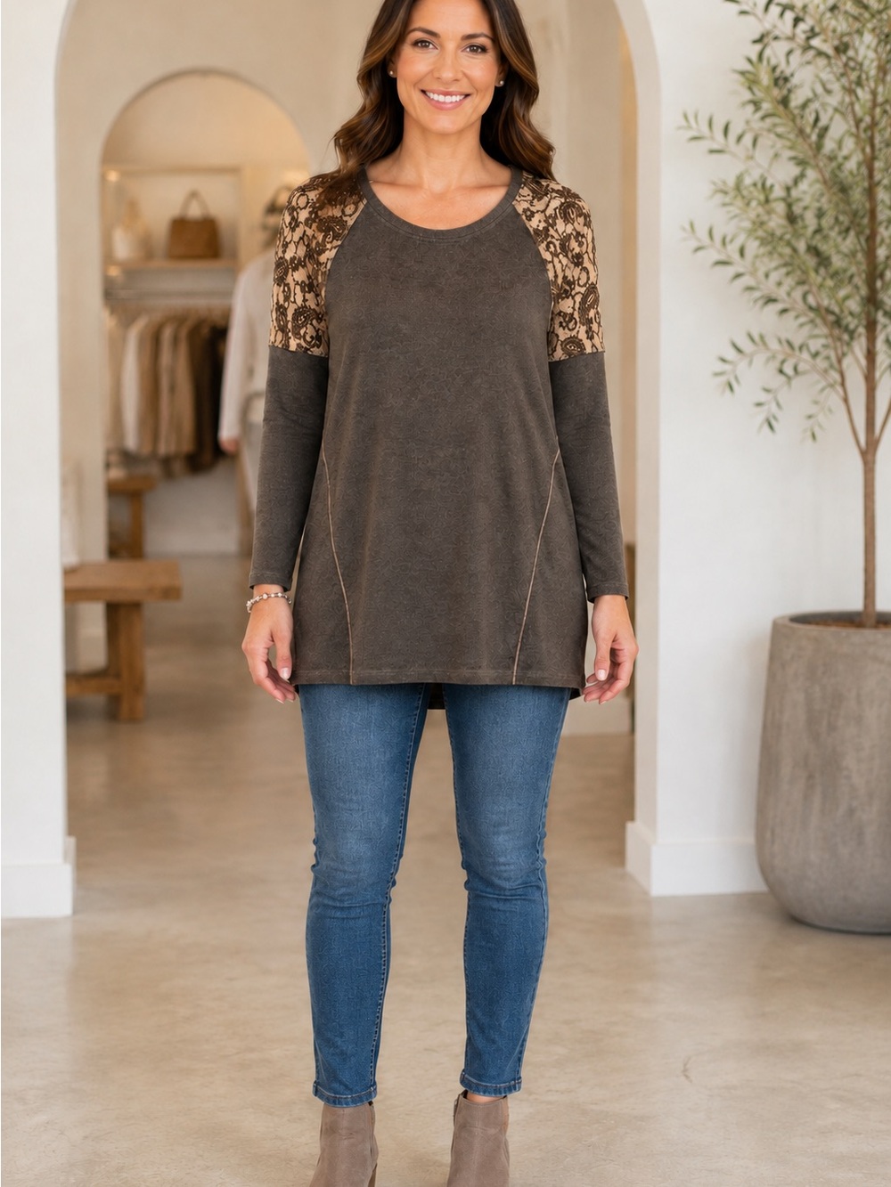 Yala & Yeti Taupe Long Sleeve Top with Tan Lace-Print Shoulders